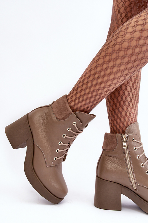 Leather Women's Heeled Ankle Boots Dark Beige Lemar Leocera