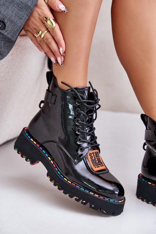 Botki Trapery Lakierowane Skórzane Damskie Czarne Artiker 55C0517