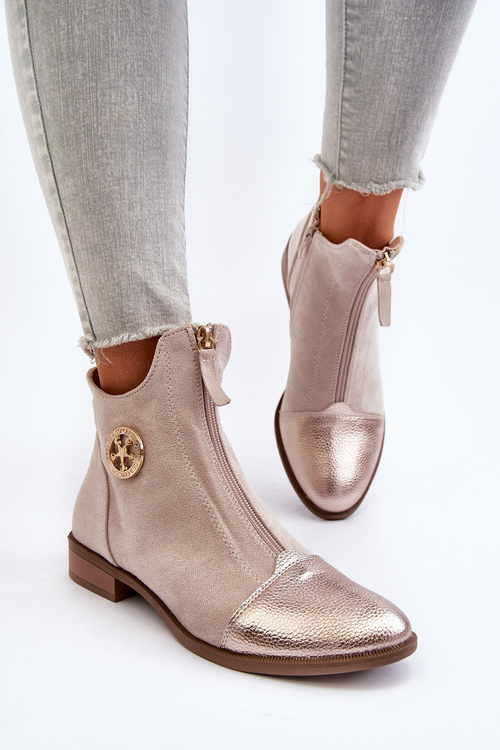 Women's Ankle Boots with Flat Heel and Zip Beige Loratie