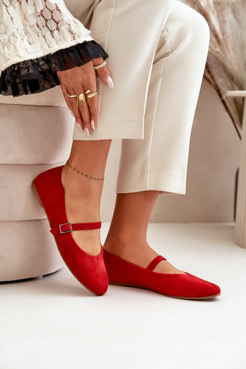 Flat Ballet Shoes With Strap Eco Suede Red Tirilina