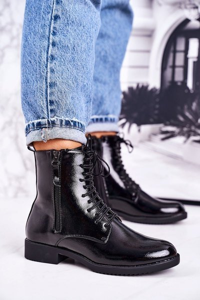 Klasyczne Damskie Ocieplane Botki Lakierowane Czarne Simplicity