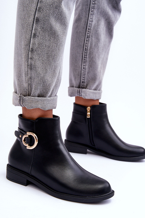 Leather Ankle Boots with Flat Heel Black Meronei