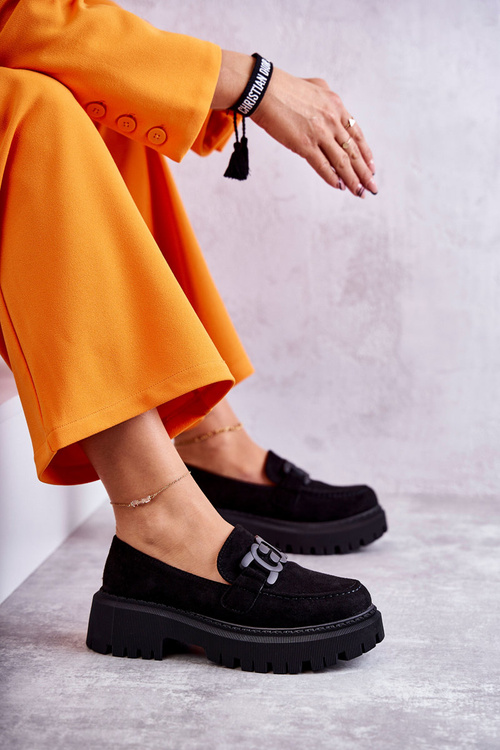 Półbuty Damskie Zamsz Ozdoba Czarne Leeza