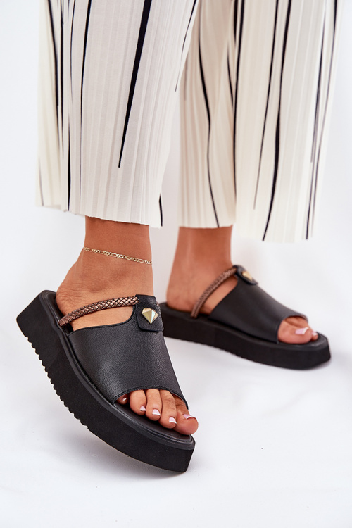 Leather Ladies Platform Slippers With Decorative Strap D&A MK51-475 Black