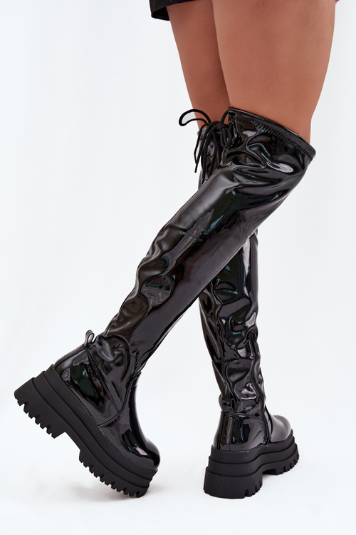 Glossy Knee High Boots On A Chunky Platform Black Ravela