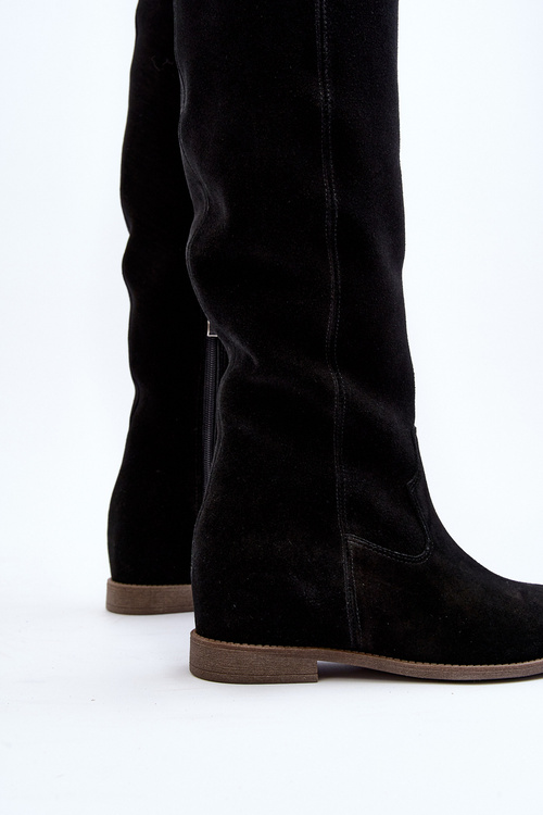 Zazoo 3407 Suede Knee-High Boots with Flat Heel Black
