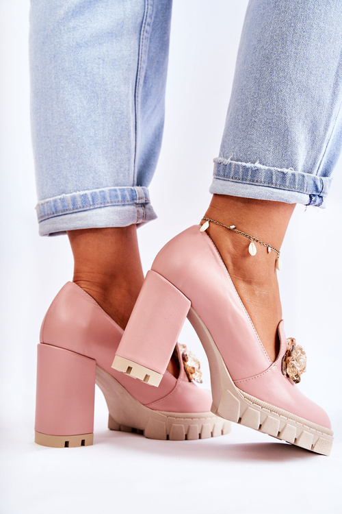 Elegant Pumps With Ornament Smooth Pink and Beige Caterine