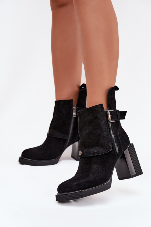 Ankle boots made of genuine suede on a heel with a buckle Vinceza 91152 Black