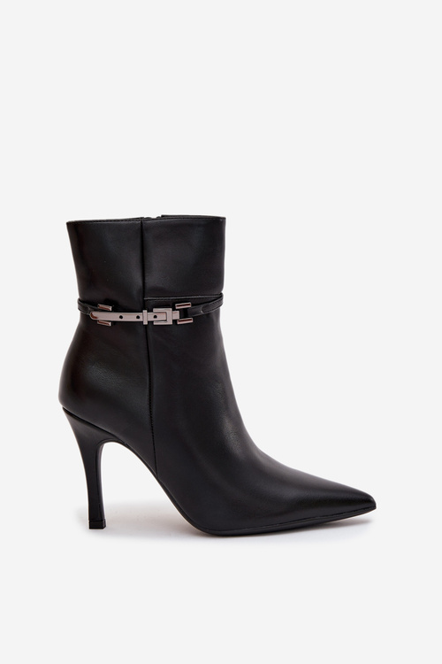 Women's ankle boots on heel with strap and silver element heated black Bellisse