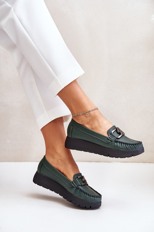 Leather Moccasins On Platform With Decoration Dark Green Zazoo 10141