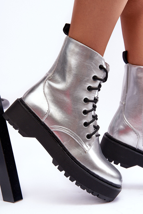 Botki Workery Metaliczne Skóra Srebrne Teflorna CLS-270