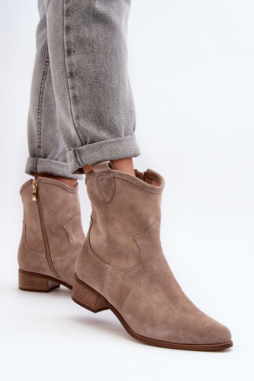 Suede Cowboy Boots with Low Heel Zazoo 3329 Cappucino