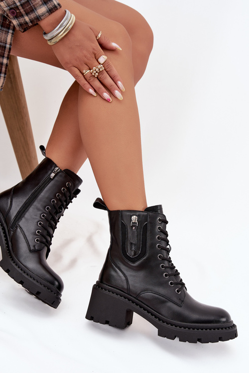 Leather Women's Block Heel Boots Insulated Vinceza 86418 Black