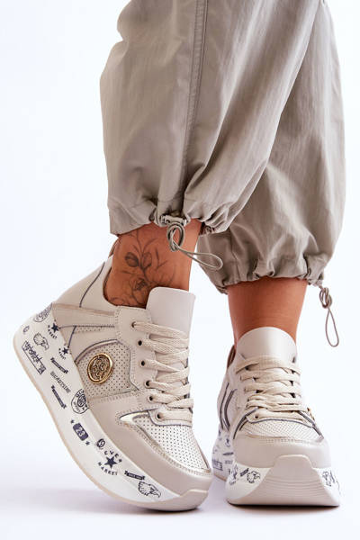 Sneakersy Damskie Skóra Masywna Platforma Beżowe Asturia