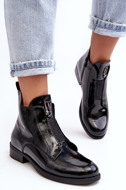 Women's Glossy Ankle Boots With Fluffy Lining Flat Heel SBarski HY75-120 Black