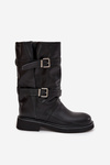 Wrinkled Women's Boots To The Middle Of The Calf With Straps And Buckles Black Halvessa