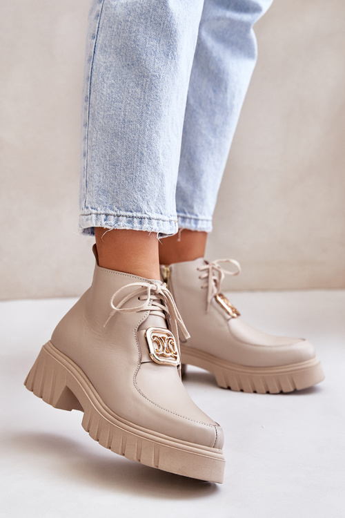 Zazoo 2952 Leather Ankle Boots With Golden Decoration Beige
