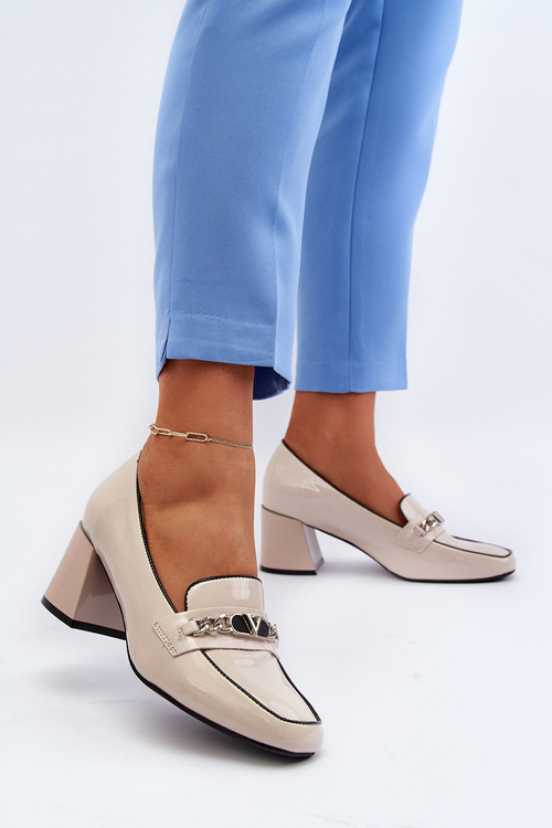 Beige Patent Low Heel Court Shoes with Embellishment Makki
