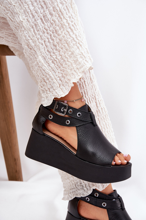 Leather Wedge Sandals Black Zazoo 1732