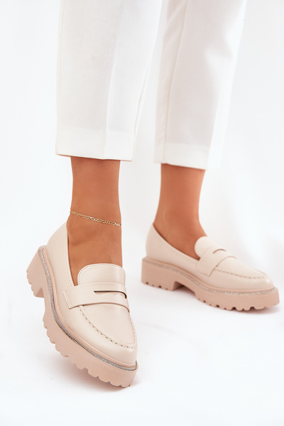 Ladies Moccasins Eco Leather With Rhinestones Beige Wilamla