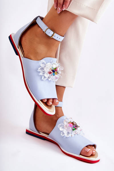 Women's Leather Sandals With Decoration Blue Nevassa