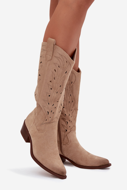 Cowboy Boots With Perforated Pattern On Low Heel Beige Selirae