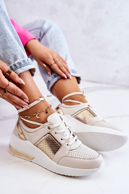 Women's Leather Sport Shoes On a Wedge Beige and White Larson