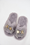 Furry Women's Slippers With Bow And Gold Embellishment Gray Nolara