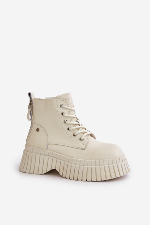 Warm Leather Ankle Boots on Chunky Sole Light Beige GOE OO2N4127