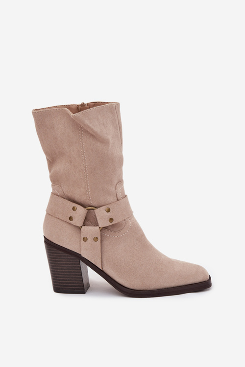 Ladies warm ankle boots on a heel with straps and a decorative detail beige Neria