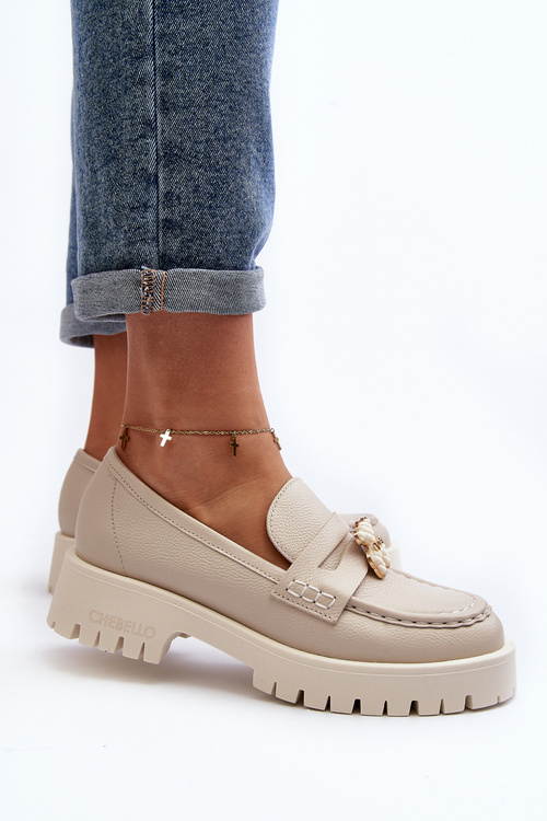 Półbuty Mokasyny Skórzane Damskie Z Misiem Jasnobeżowe CheBello 4291