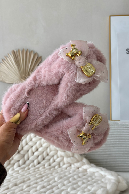 Damskie Kapcie Futrzane Ze Złotą Ozdobą I Kokardą Różowe Nolara