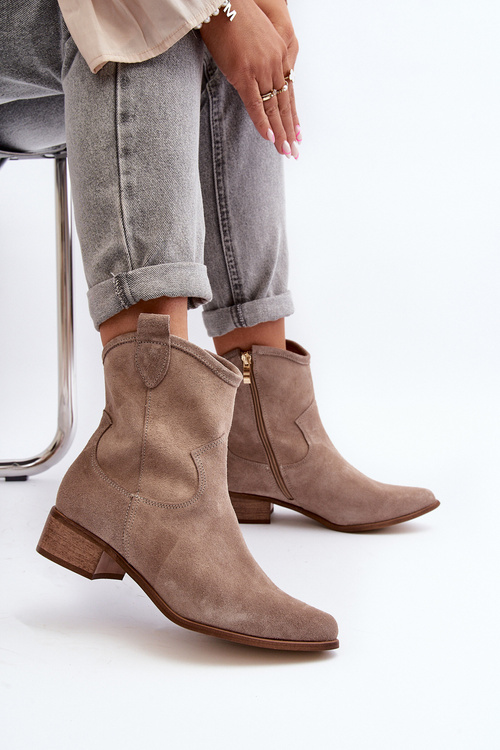 Suede Cowboy Boots with Low Heel Zazoo 3329 Cappucino