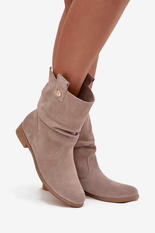 Leather Suede Women's Boots with Gathering Insulated Zazoo 4210 Beige