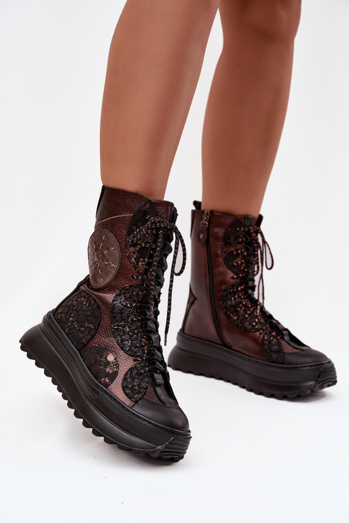 Ocieplane Skórzane Botki Na Platformie Brązowo-Złote Maciejka 06565-04