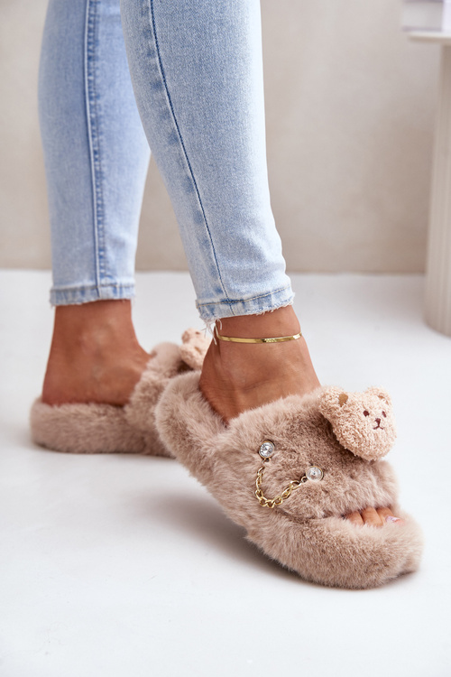 Women’s Furry Slippers With Bear And Decorative Elements Beige Innalise