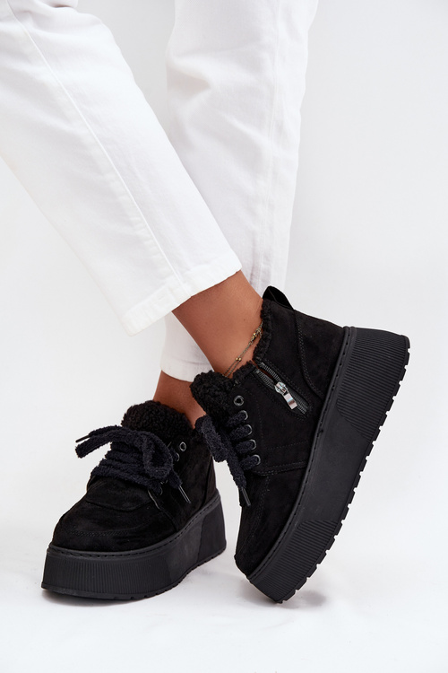 Women's Snow Boots On Platform With Sheepskin Lining Sheep Type Black Luma