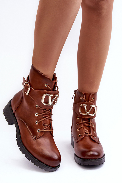 Botki Workery Ocieplane Złota Klamra Brązowe NC1055