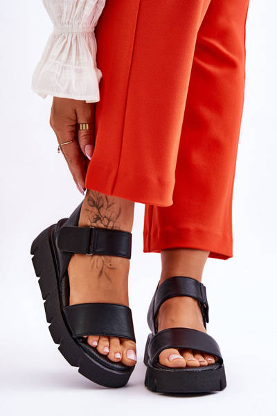 Sandały Damskie Skóra Platforma Czarne Katte