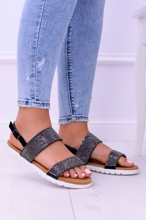 Lu Boo Women's Black Sandals With Zircons Perfect