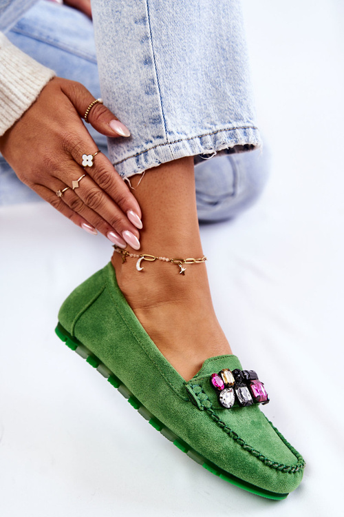 Mokasyny Damskie Zamsz Ozdoby Zielone Janetta