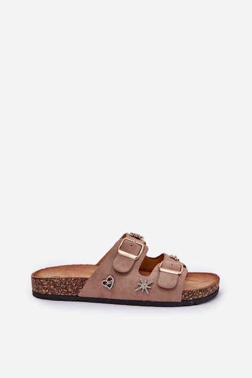 Women's sandals on cork sole with buckles and appliqués khaki Efadelis