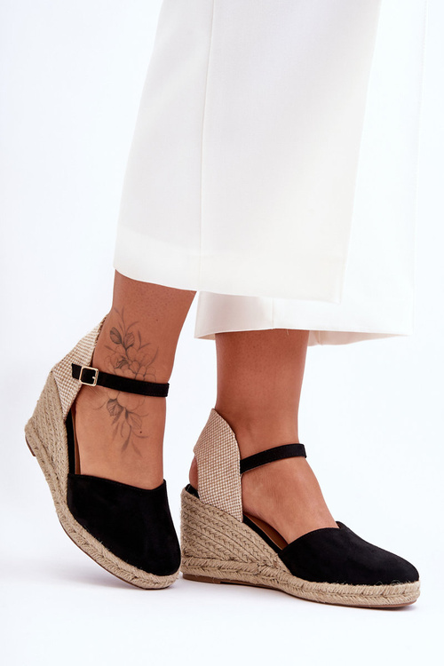 Sandały Zamsz Koturn Czarne Selfoss 2908