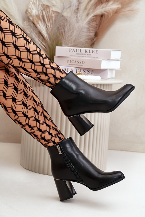 Damskie Botki Gładkie Na Słupku Ocieplane Eko Skórzane Czarne Milisea