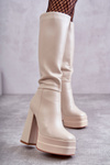 Fashionable Leather Boots On Chunky Heels Beige Meggie