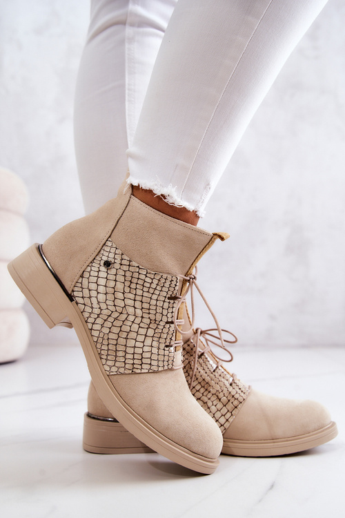 Women's Suede Ankle Boots with a Snake Pattern Light Beige Sonroe