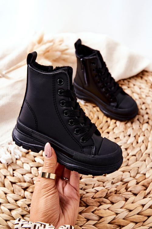 Children's Leather Insulated Sneakers Black Bomi