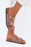 Women's Slippers Made Of Eco Suede Golden Buckles Dark Beige Vorella