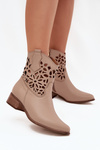 Zazoo 3404 Perforated Cowboy Ankle Boots With Low Heel Leather Dark Beige