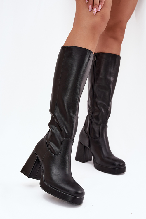 Ladies Knee High Boots With Zipper Block Heel Black Selvia